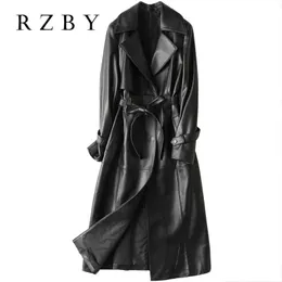 Rzby kvinnor 100% fårskinn Höst och vinter Haining Leather Jacket Dames Sheepskin Long Slim Windbreaker Jacket and Coat 211118