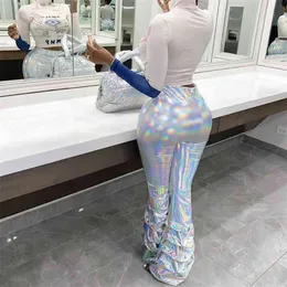 Spring Women High Waist Pants Fashion Party Clubwear Flare Femme Streetwear Holographic Push Up Byxor 210517