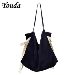 Shoppingkassar Youda Women Canvas Tote Bag Eco Pack Polyester Stor kapacitet Bow Shoulder Kvinna Fällbara Beach Shopper Packs 220307