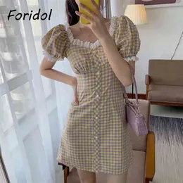 Rendas Spled Vintage Xadrez Verão Vestido Mulheres Botão Casual Up Beach Curto Amarelo Estilo Coreano 210427