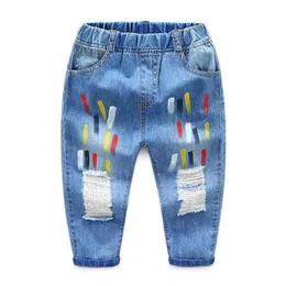 Denim jeans för pojke nyhet våren höst 2 3-8 9 10 år tonåring barn hål elastiska barn baby pojke långa jeans byxor 210701