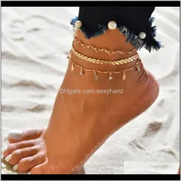 Fußkettchen Kristall Pfeil Blatt Quaste Fußkettchen Gold Mehrschichtige Wickelkette Fußarmband Mode Strandschmuck Will und Sandy Dropship Xrknr J2Osv