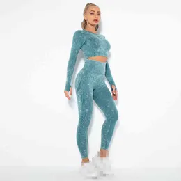 Woman Fitness Set Fashion Washed Gym Yoga T-shirt Workout Crop Tops Women + Sport Leggings Deportiva Pantalones Mujer 210514