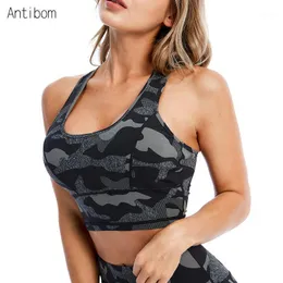 Antibom Yüksek Elastik Spor Sutyen Bayanlar Hızlı Kuru Yastıklı Egzersiz Spor Salonu Corp Tank Tops Kadın Kamuflaj Baskı Yoga Yelek Giyim