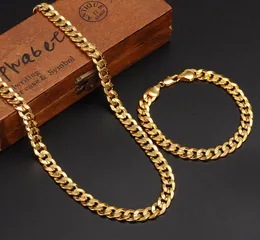 Wholesale fine Classics Fashionable Real 24K Yellow Gold GF Mens Woman Necklace Bracelet Jewelry Sets Solid Curb Chain Abrasion resistant