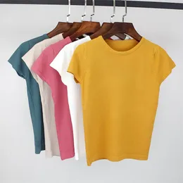 BYGOUBY Summer Knitted Women T shirt High Elasticity O-Neck Short Sleeves Tee Shirt Breathable Female Tshirt 210623