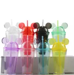 NEW8colors 15oz Acrylic tumbler with dome lid plus straw double Wall Clear Plastic Tumbler with Mouse Ear Reusable cute drink cup RRA10518