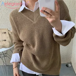 AELEGANTMIS Khaki Vintage Women Solid V Neck BRIBED Sweter Pullover Miękkie Ciepłe Wszystkie Dopasuj Koreańska Kobieta Dzianiny Wysokiej jakości 210607