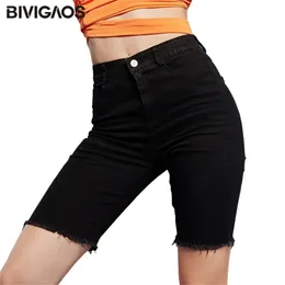 Bivigaos Black Elastic Джинские шорты Женщины Летняя прямая высокая талия Разорванные отверстие короткие джинсы повседневные джинсовые байкер 210714