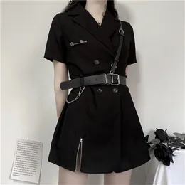 Rosetic Gothic Blazer Dress Women Black Sexy Mini Dresses High Waist Harajuku Goth Girl Zipper Punk With PU Leather Belt 210331