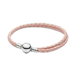 Fine jewelry Authentic 925 Sterling Silver Bead Fit Pandora Charm Bracelets 16-21CM Moments Double Black & Pink Leather Bracelets Safety Chain Pendant DIY beads