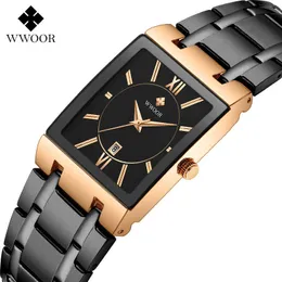 Wwoor Mens Relógios Retangulares Top Marca Luxo Rosa Gold Quartz Pulso Relógio Masculino Completo Aço Analógico Data Relógio Negócios Com Caixa 210527