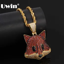 UWIN Cute Fox Necklace Pendants Full Red Colored CZ Stones Fashion Animal Bling Hiphop Jewelry For Men Women X0707