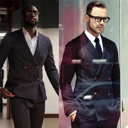 Erkek Suit Blazers siyah noktalar yakışıklı takım elbise 2 adet pamuk karışımı çift göğüslü İngiliz boş zamanlar erkekler için