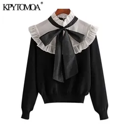 KPYTOMOA Kadınlar Moda Organze Patchwork Ruffled Örme Kazak Vintage Yüksek Yaka Yay Bağlı Kadın Kazaklar Şık Tops 210805