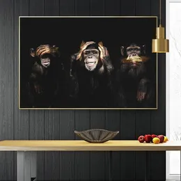 Ciemny mądry 3 małpa goryl zdjęcia zwierząt plakaty i odbitki na płótnie malarstwo ścienne sztuki do salonu Dekoracji pokoju dla dzieci