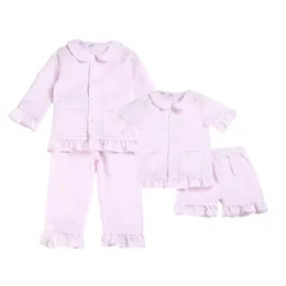 100% algodão Seersucker duas peças primavera verão rosa plissado botão crianças pijamas meninos e meninas pijamas conjuntos 211109