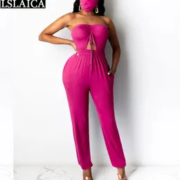 Sexy Strapless Rompers Womens Jumpsuit Summer Solid Hollow Out Straight Long Pants Playsuit Fashion Club Bodysuit Gift Mask 210520