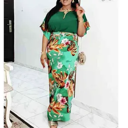 Women Printed Two Pieces Set Short Sleeve Tops with High Waist Floral Skirts Plus Size Ladies Vacation Holiday Suits Summer 210416