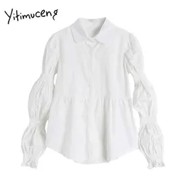 Yitimuceng Camicetta bianca Donna Camicie con bottoni increspati Manica a sbuffo dritta Unicolor Abbigliamento Primavera Moda coreana Top 210601