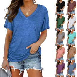 Topy Women Solid Color V-Neck T Shirt Style Shurring Bat Sleeve Loose Casual Cotton Harajuku Koszulka Letnie Ubrania 211115