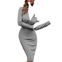 Elegante con scollo a V Slim SexyClub Abito da partito a maniche lunghe da donna 2022 primavera autunno stampato dolce vestidos moda bodycon vestito