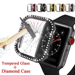 Diamantgehäuse + gehärtetes Glas-Display-Beschützer für Apple-Uhr 38mm 42mm 40mm 44mm Stoßfängerabdeckung