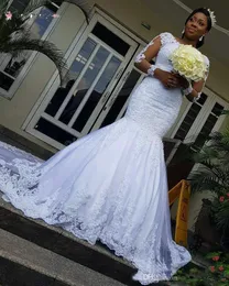 Vintage Lace Mermaid Bröllopsklänningar 2022 Ny Applique Court Tåg Illusion Långärmad Afrikansk Plus Storlek Bröllopklänningar Vestido de Novia