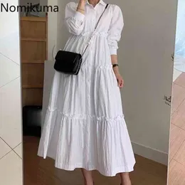 Nomikuma koreanska chic vit en linje klänning kvinnor sväng kollager långärmad maxi klänningar kvinnlig mode vstidos mujer 3e267 210514