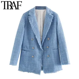 TRAF Women Fashion Office Wear Double Breasted Tweed Blazer Coat Vintage Långärmad Frayed Kvinna Ytterkläder Chic Toppar 210415