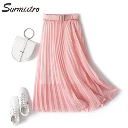 Midi pläterade kjol kvinnor våren sommar chiffong koreansk elegant solskola hög midja kvinnlig lång med bälte 210421