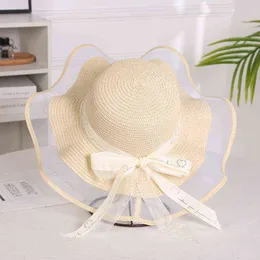 Chapéu de palha grande de 5,5 polegadas de 5,5 polegadas, grande disquete, chapéu de praia dobrável, chapéu de sol, chapéu de palha elegante com malha bordas G220301