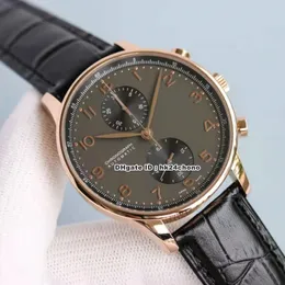 Luksusowe zegarki 371482 Portugieser 41mm Rose Gold Eta7750 Automatyczny Chronograph Mens Watch Sapphire Crystal Gray Dial Skórzany Pasek Gents Wristwatches