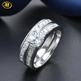 Cluster-Ringe Hutang Vintage Princess Cut 2,96 ct Zirkon Massiv 925 Sterling Silber Hochzeit Doppelring-Sets Verlobung Feiner Schmuck für Frauen