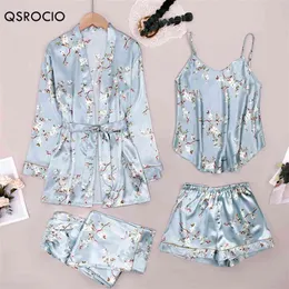 Qsrocio högkvalitativa kvinnors pyjamas 4 stycke uppsättning vintage blå blomma sömnkläder silke som fritid hem kläder slinga topprock 210831