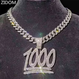 Erkekler Hip Hop 1000 Numarası Kolye Kolye Ile 13mm Miami Küba Zinciri Buzlu Out Bling Hiphop Kolye Erkek Moda Takı 210721