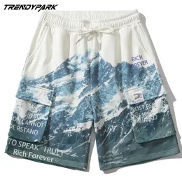 Mäns Kort Sommar Hip Hop Oversize Snow Mountain Fickor Soft Polyester Streetwear Harajuku Sweatpant Drawstrings Casual Shorts 210601