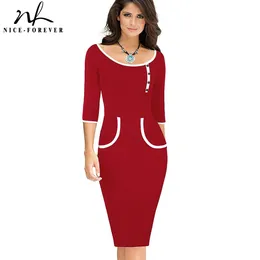 Nice-Forever Primavera Mulheres Moda Contraste Cor Retalhos Escritórios Trabalho Vestidos Negócios Vintage Bodycon Slim Dress G623 210419