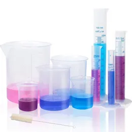 Fornecimentos de laboratório de cilindros graduados de plástico, 10ml, 25ml, 50ml, cilindro de 100ml com 50, 100ml, 250ml, 500ml, béqueres 1000ml e 1 pincel de tubo