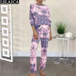 Kvinnors Kläder Casual Pyjamas Långärmad Toppar Byxor Två Piece Set Kvinna Tie-Dye Skriv ut Loose Home Loungewear Conjuntos Mujer 210515