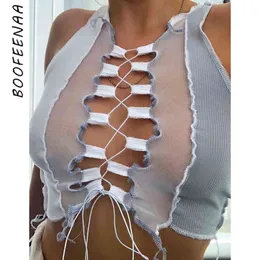 Boofeeaa Sheer Sites Splited Ribbed Cropped Tank Tops Kobiety 2020 Sexy Club Wear Lace Up Crop Top z ciągami C83-BZ10 x0507 \ t