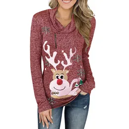 Christmas T-shirts Women Autumn Winter Elk Snowflake Print Pullover Casual Irregular Collar Zipper Decor Long Sleeve Loose Tops 210526