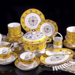 Оптовая роскошная кость China China посуда наборы китайский классический королевский эмаль ужин набор тарелок блюда горшка чаша ложка