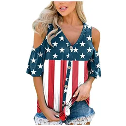 Women's T-Shirt Womens T-shirts Cold Shoulder Tee Tops Patriotic American Flag Stripes Star Button V-neck Femme Polera #G2