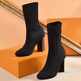 autumn winter heeled heel boots fashion sexy Knitted elastic boot designer Alphabetic women shoes lady Letter Thick high heels Large