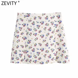 Zevity New Women Vintage Floral Print Gonna di lino casual Faldas Mujer Cerniera laterale femminile Split Slimming Summer Vestidos QUN750 210412