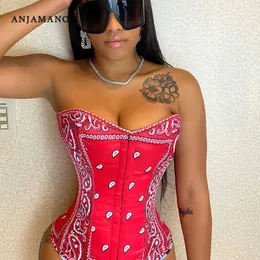 ANJAMANOR Bandana Printed Vintage Corset Tops To Wear Out Women 2020 Cute Sexy Club Bustier Crop Tank Top Red Black Blue D15BI13 Y0824