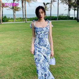 LDYRWQY Summer French floral blue and white chiffon slim fashion dress with straps Office Lady Polyester 210416