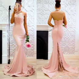 2021 Różowy Długi Neck Syrenka Koronki Suknie Wieczorowe Otwórz Aplikacja Sweep Dress Maid of Honor Party Dress dla Druhna Dress