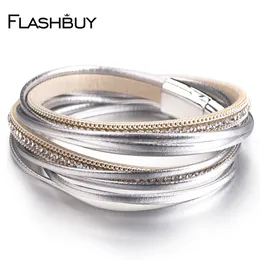 Rhinestones Leather Bracelets for Women Simple Multilayer Magnet Wrap Bangles Fashion Costume Jewellery Gift